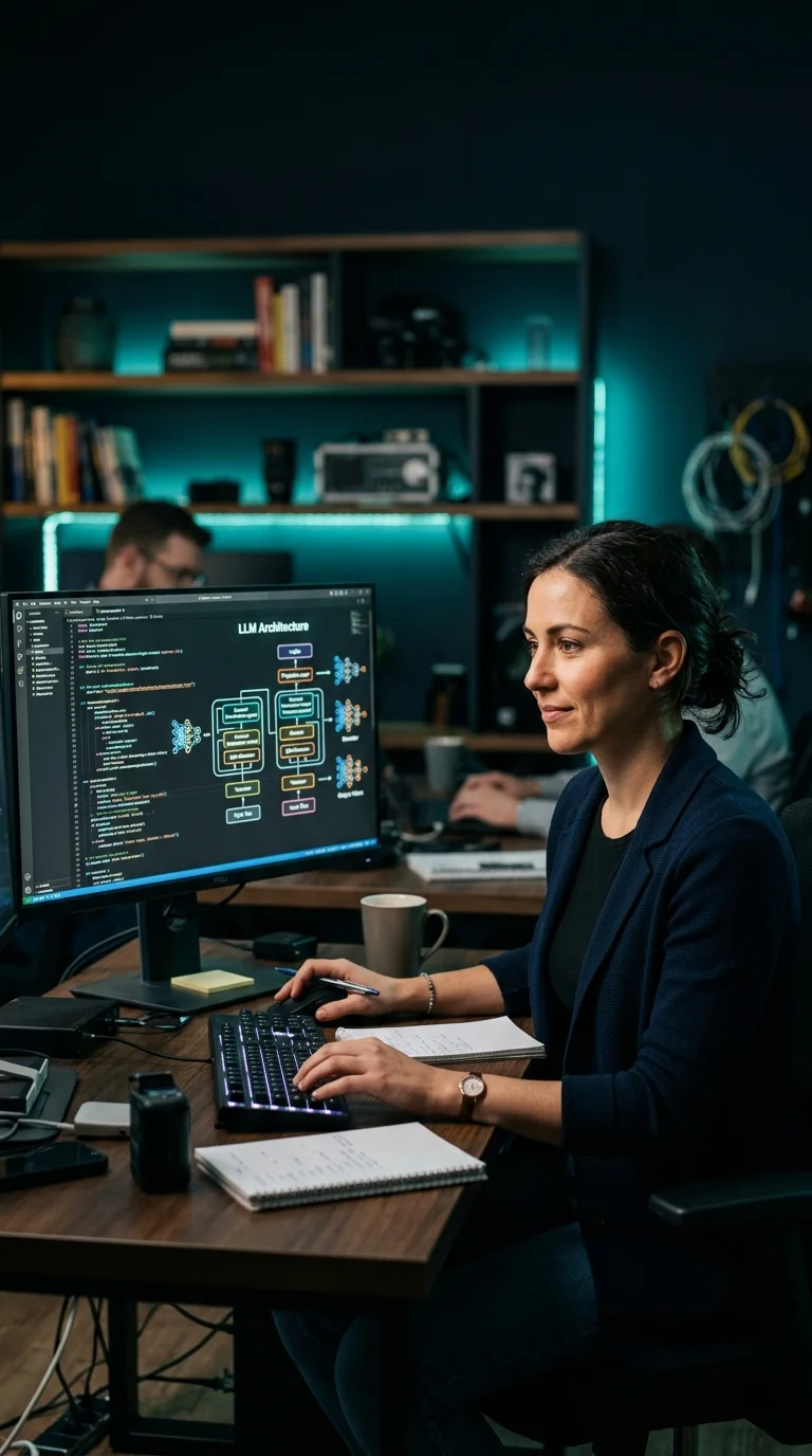 AI engineer reviewing LLM application architecture and RAG pipeline diagram on dual monitors in a modern office