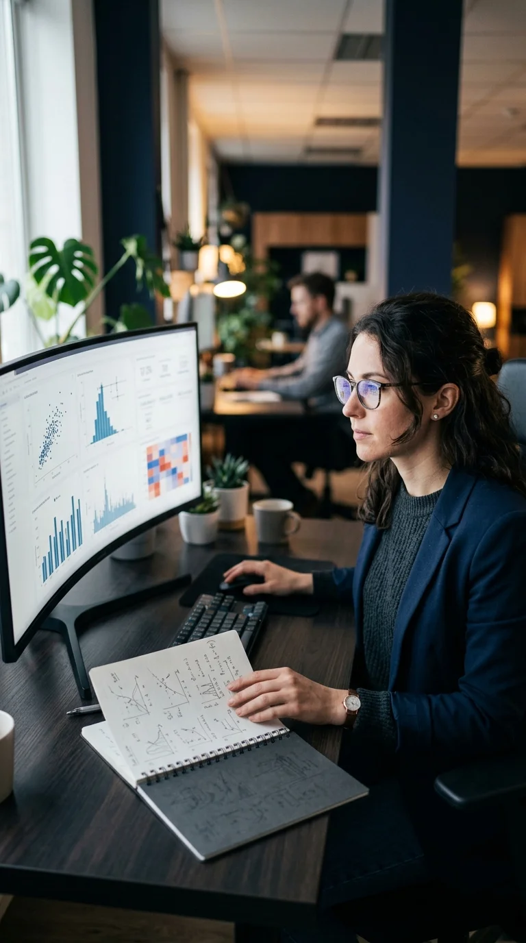Data scientist reviewing statistical experiment results and A/B test charts on a large monitor in a modern analytics workspace