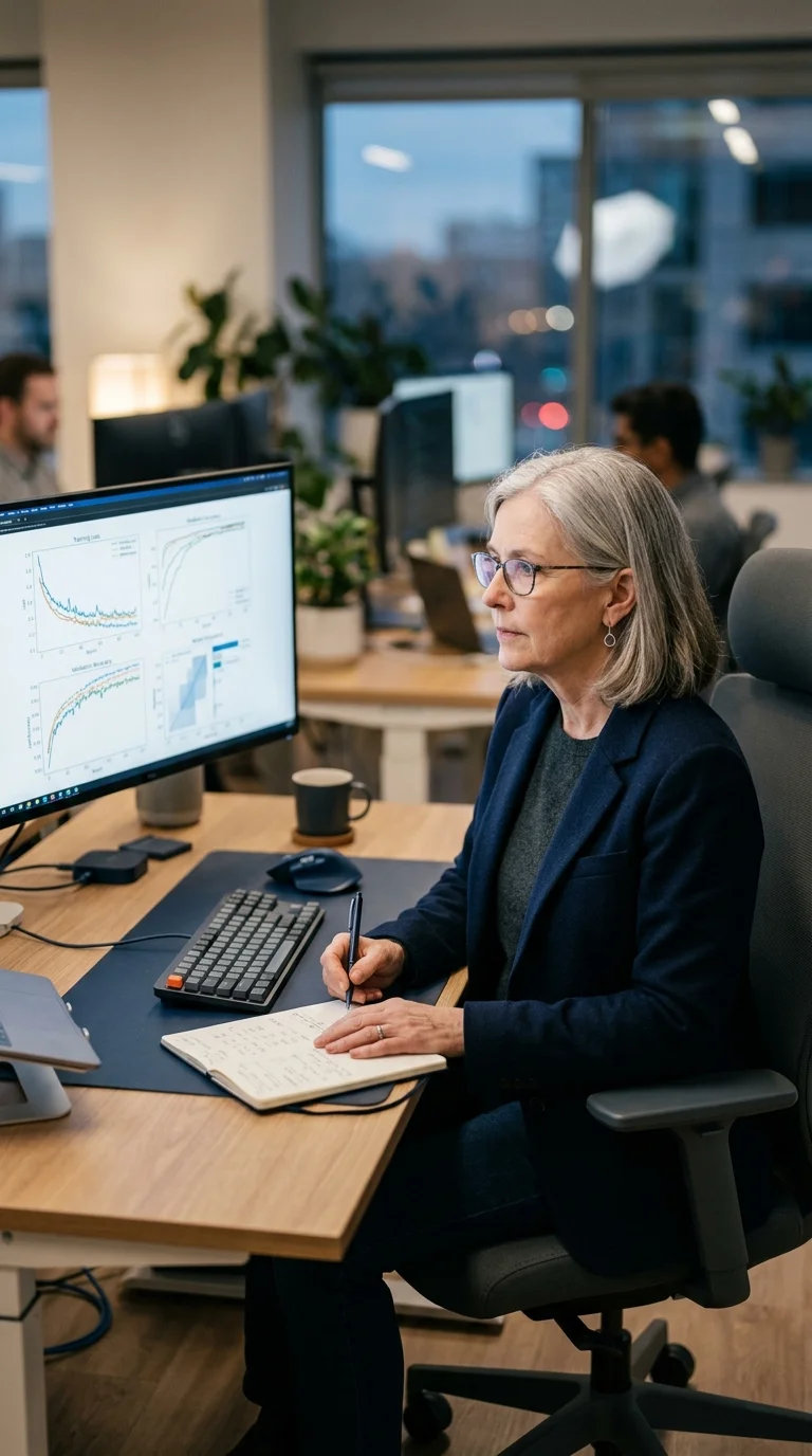 ML engineer reviewing model training metrics, loss curves, and evaluation charts on dual monitors in a modern tech workspace