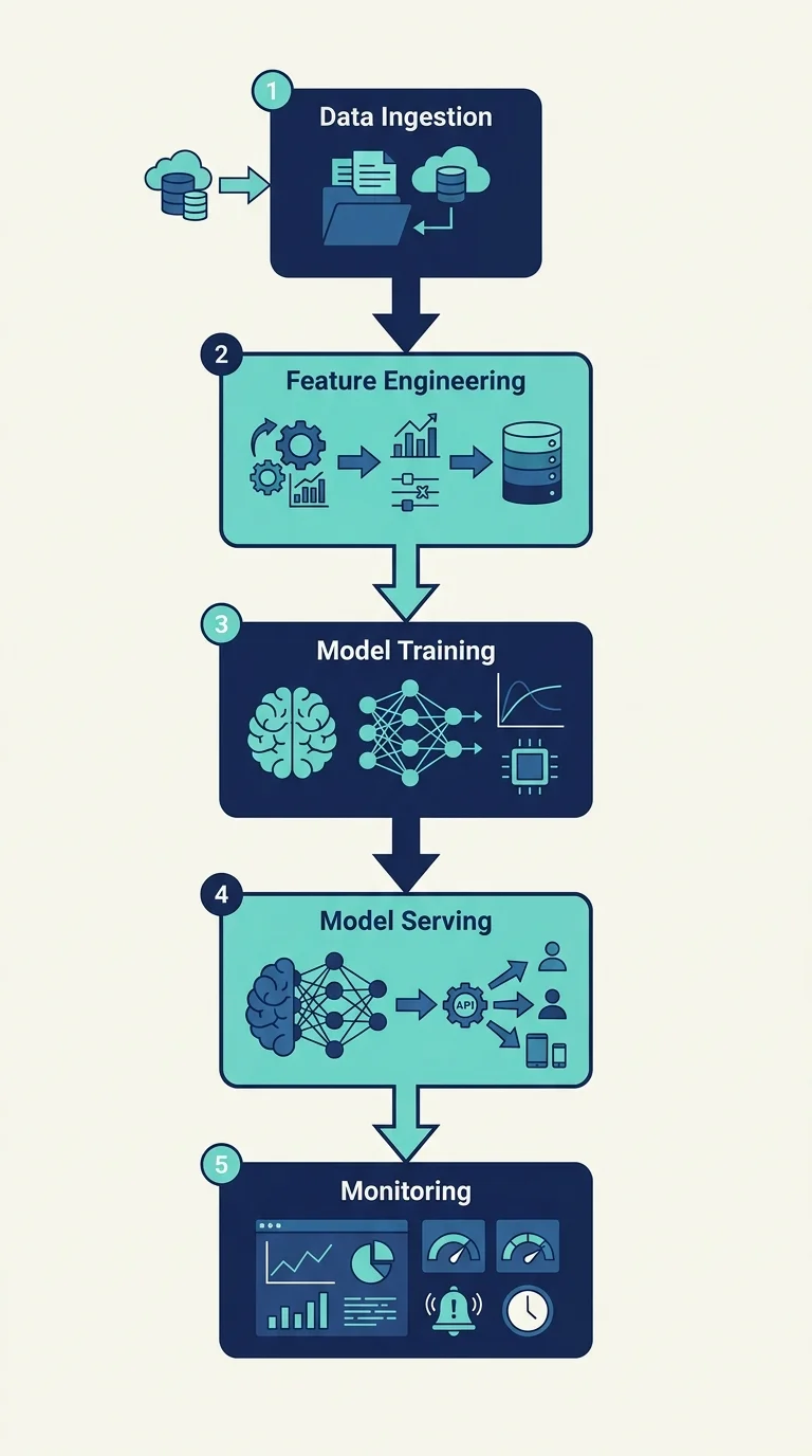 Illustration of an end-to-end ML pipeline from data ingestion through feature engineering, model training, model serving, and monitoring